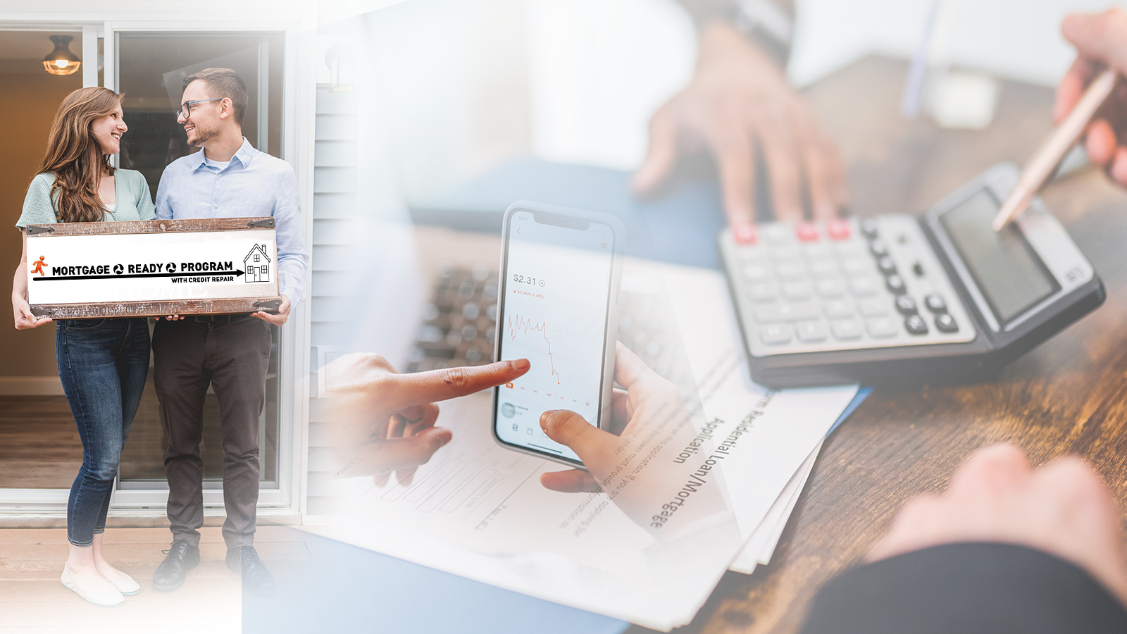 A couple holding a Mortgage Ready Program sign alongside financial planning imagery