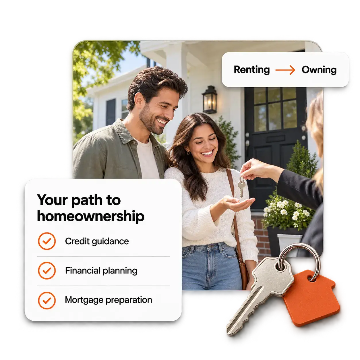 A couple receiving home keys with mortgage preparation guidance