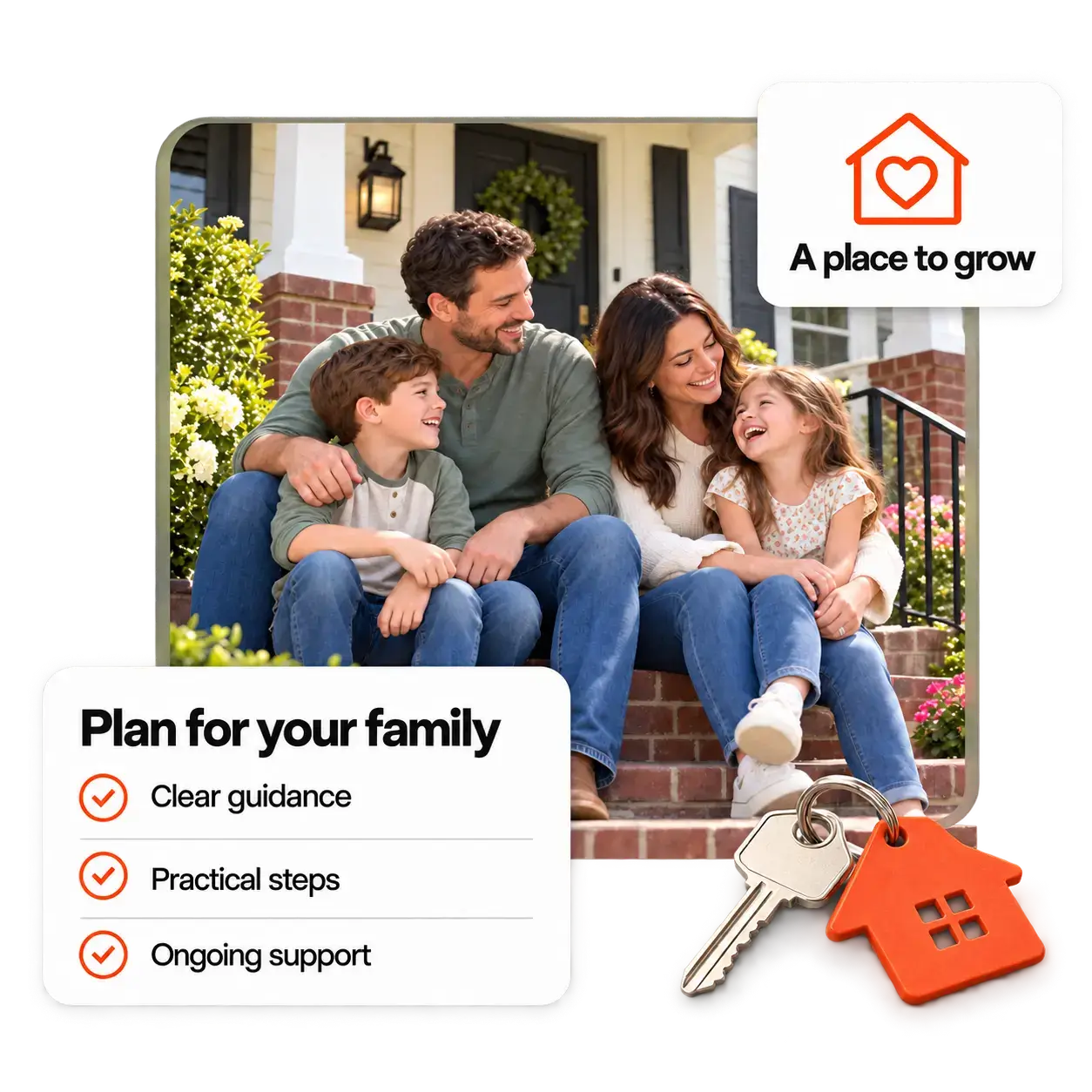 A family on their porch with guidance and support cards